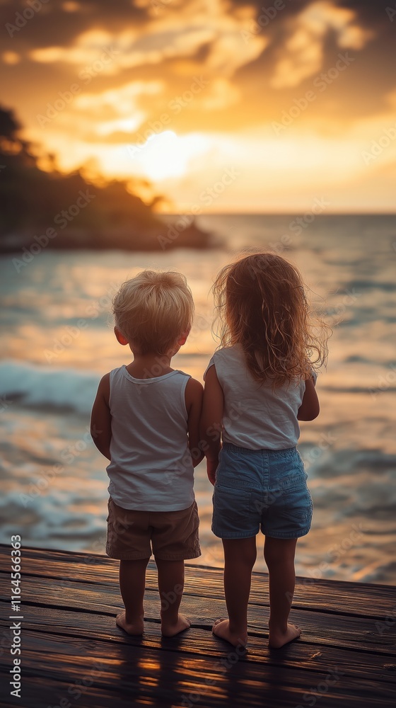 Siblings enjoying a sunset on seaside platform during golden hour in calm and peaceful moment Siblings enjoying a sunset on seaside platform during golden hour in calm and peaceful moment
