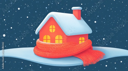 An illustrated house covered in snow and wrapped with a bright red scarf, glowing from within on a snowy night, conveying warmth and festive cheer vividly. photo