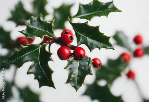 Close-up of holly leaves with red berries on a white background transparent photo