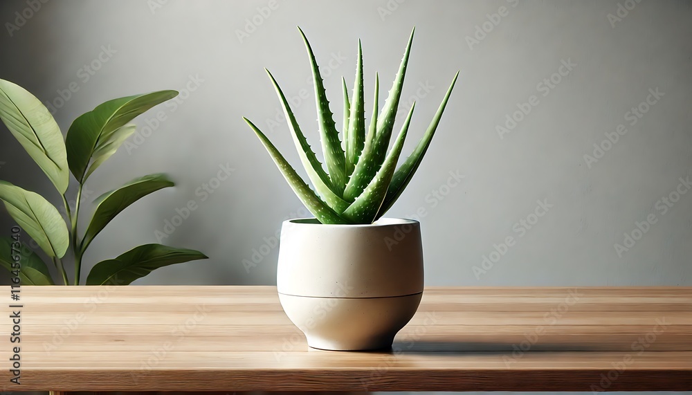 Photo-Realistic Aloe Vera Plant in a Minimalist Ceramic Pot on Wooden Table Photo-Realistic Aloe Vera Plant in a Minimalist Ceramic Pot on Wooden Table