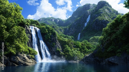 A beautiful waterfall surrounded by lush green trees