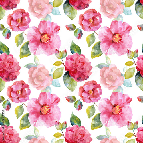 Wallpaper Mural Pink camellia flowers, pastel green leaves, branches, buds hand drawn watercolor seamless pattern Torontodigital.ca