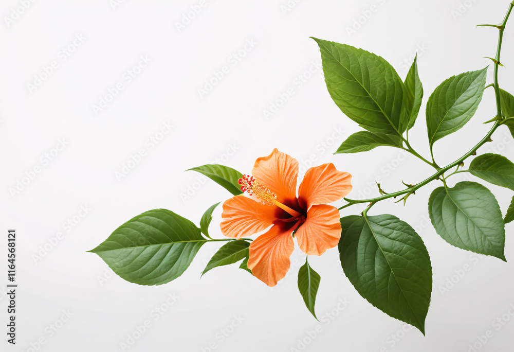 Obraz premium Orange Hibiscus Flowers on a Branch With Bright Green Leaves