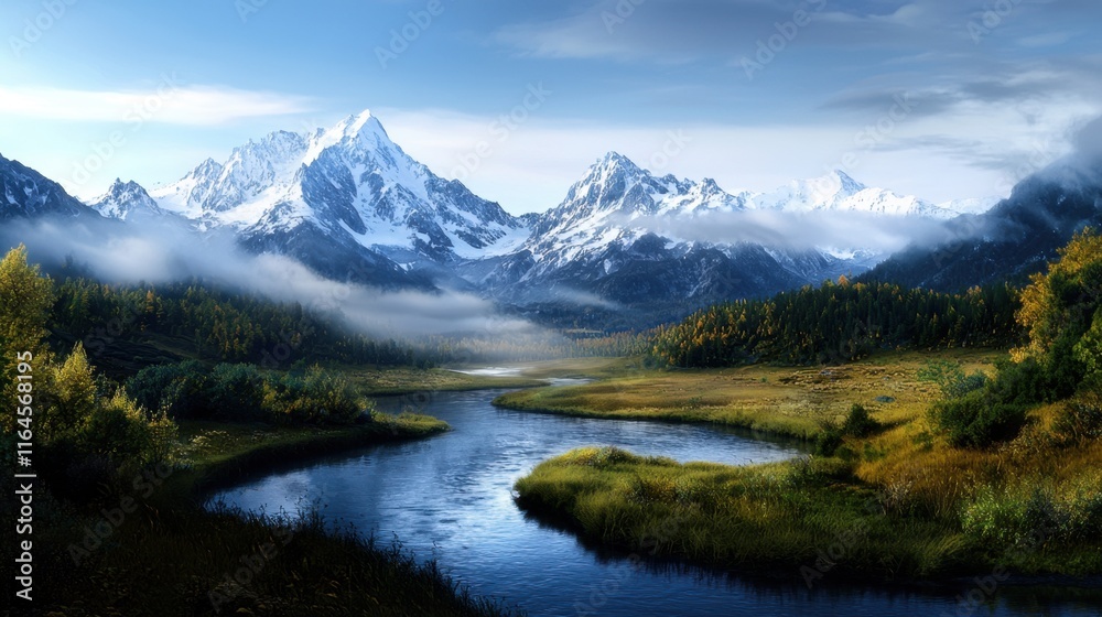 Fototapeta premium A mountain range with a river running through it