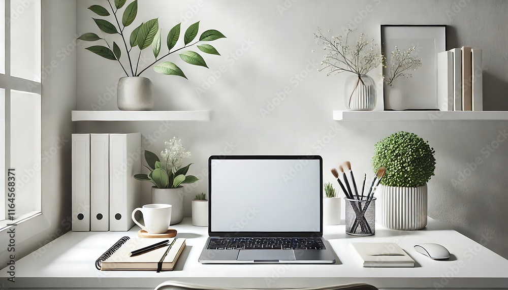Stylish Minimalist Workspace with Laptop, Notebook, and Plant on White Desk Stylish Minimalist Workspace with Laptop, Notebook, and Plant on White Desk