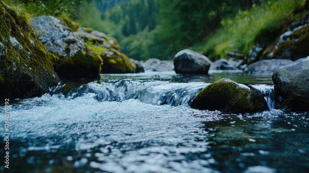 A stream of water flows past a rocky shore A stream of water flows past a rocky shore