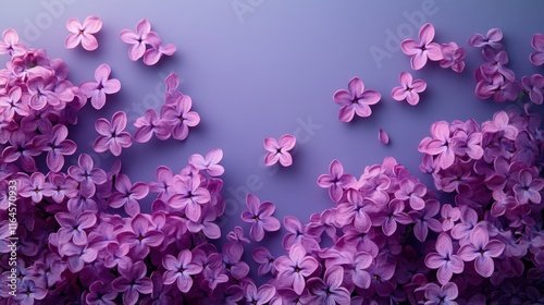 Purple lilac blossoms scattered on a purple background.