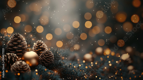 Festive/ Celebration background- Festive Holiday Scene with Evergreen Pinecones and Warm Golden Lights photo