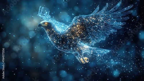 A glowing, digital representation of a soaring hawk amidst a starry, cosmic backdrop.