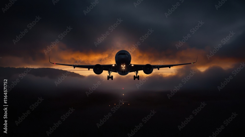 Obraz premium A plane is flying through a cloudy sky with a sunset in the background