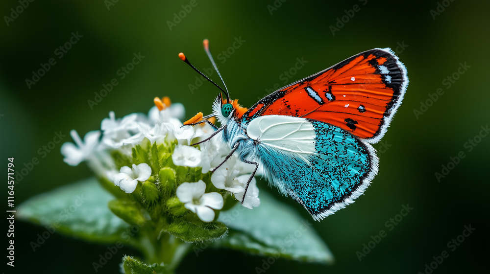 Obraz premium Bright butterfly resting on a white flower in a lush garden during daylight hours