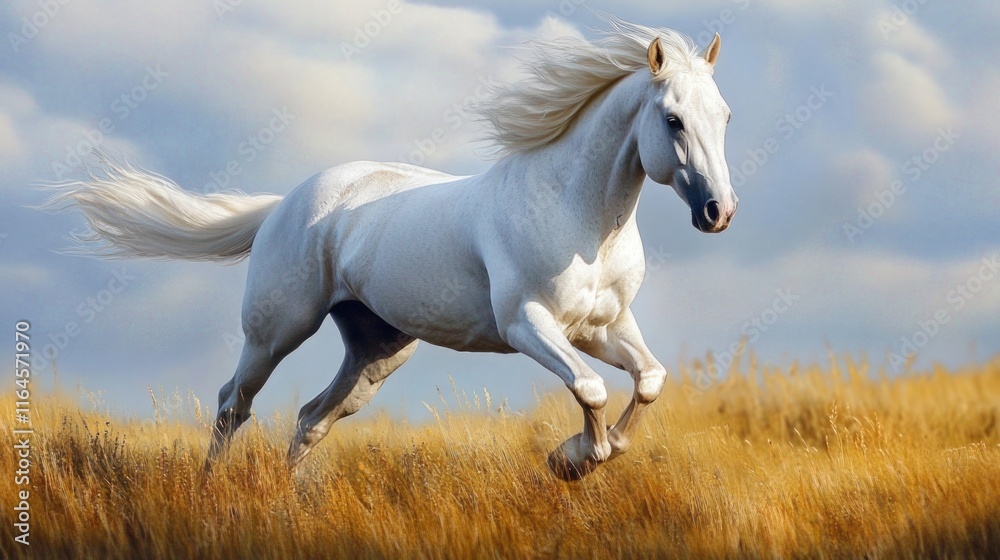 Fototapeta premium A majestic white horse gallops freely through a sunlit golden field, conveying a sense of freedom and energy against a clear blue sky in a rural setting.