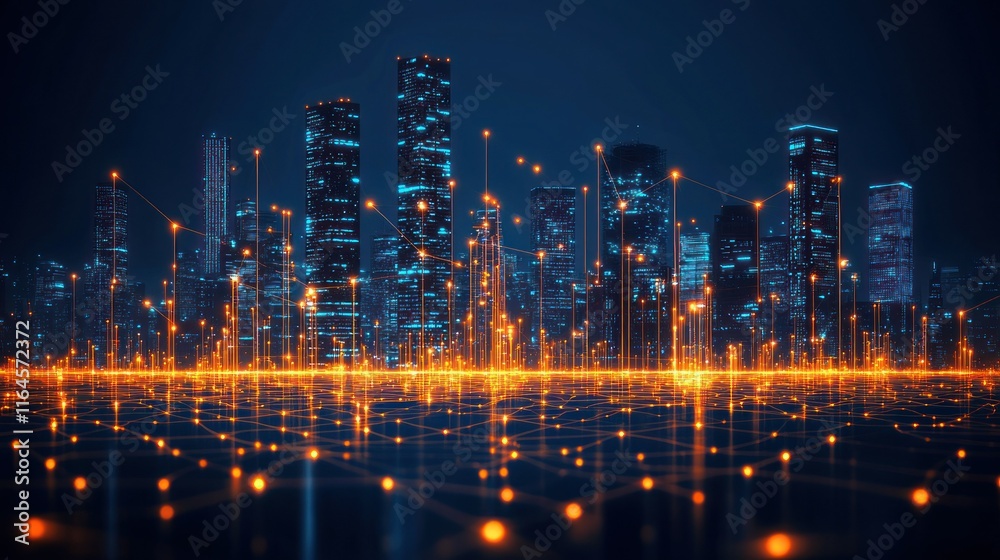 Fototapeta premium Futuristic cityscape at night with glowing network connections.