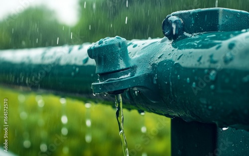 Water flowing from a hydrant in the rain. A refreshing view of nature's beauty. photo