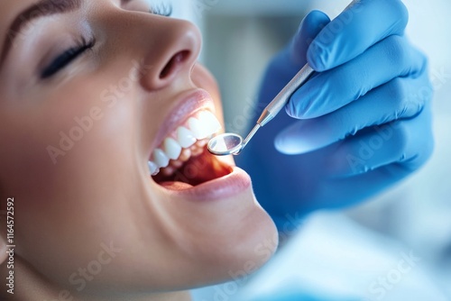 female patient receiving a teeth cleaning from a hygienist in a sleek modern dentist office