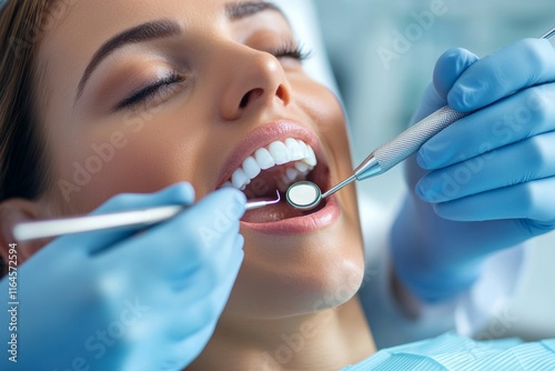 female patient receiving a teeth cleaning from a hygienist in a sleek modern dentist office