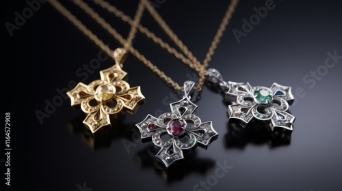 Four gemstone pendants shaped like flowers, dangling from silver chains, glistening on a reflective surface. photo