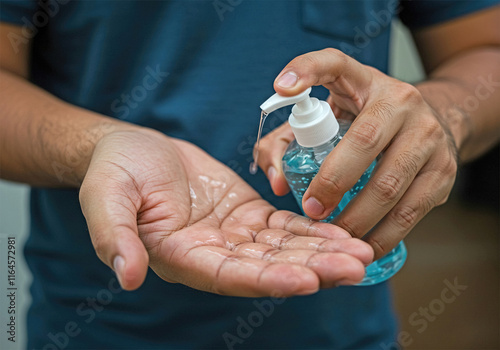 Men's hands using hand washing alcohol gel or sanitizer against the novel Coronavirus or Corona Virus Disease (Covid-19). Antiseptic, Hygiene and Health Concept