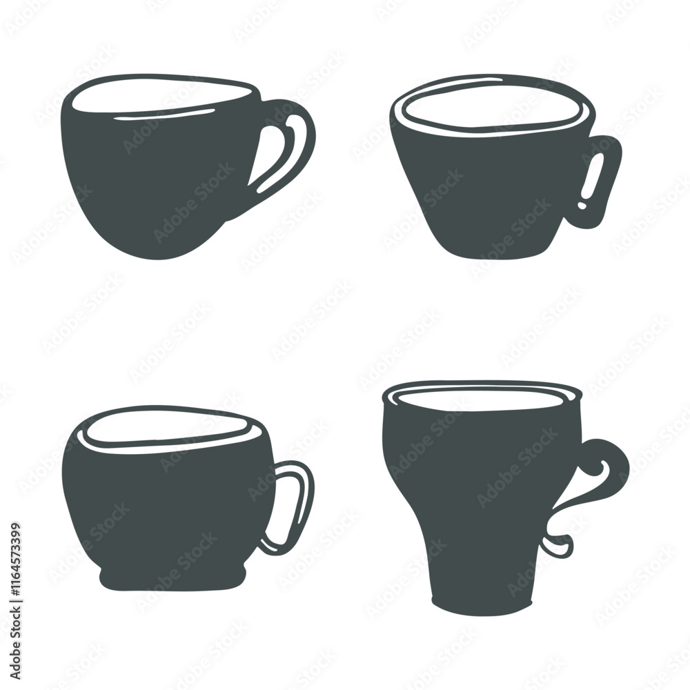 Obraz premium Tea cup black silhouette Clip art Set. Doodle icon, hand drawn decorative kitchen ware, cute cartoon flat design. Various isolated elements. Vector illustration