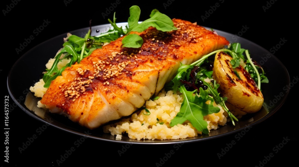 Soy-Glazed Cod Loin Fillet and Cous-Cous Salad on Black Plate. Deliciously Prepared Grilled Fish for Lunch or Dinner Soy-Glazed Cod Loin Fillet and Cous-Cous Salad on Black Plate. Deliciously Prepared Grilled Fish for Lunch or Dinner
