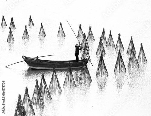silhouette of a boat among fishing nets