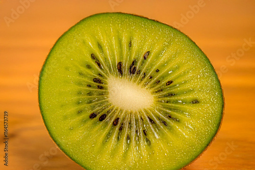 Macro shot of a fresh, sliced kiwi with bright green flesh and tiny black seeds photo