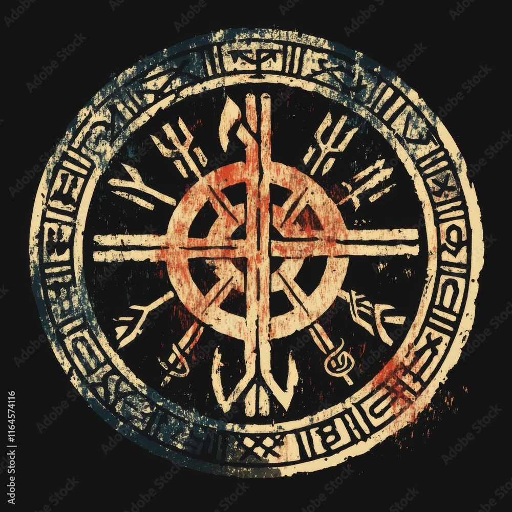 Grungy circular design with ancient symbols and distressed texture. Grungy circular design with ancient symbols and distressed texture.