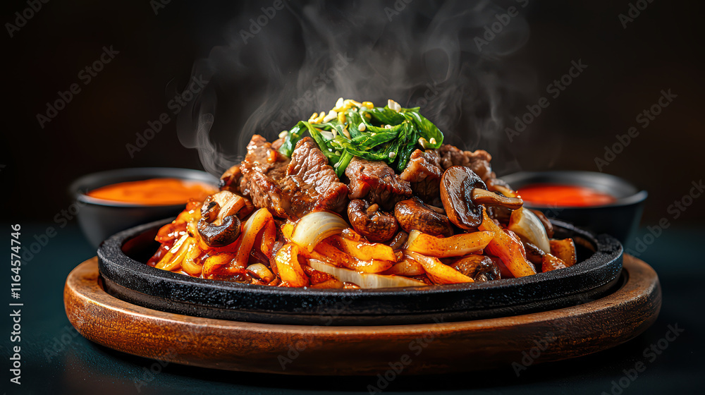 Sizzling teppanyaki steak with noodles, mushrooms, and green onions, served hot. steam rises, enhancing appetizing aroma Sizzling teppanyaki steak with noodles, mushrooms, and green onions, served hot. steam rises, enhancing appetizing aroma