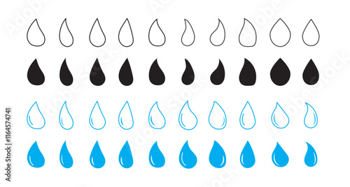 Raindrops icon set. oil or water droplet vector symbol. blood or tear sign. teardrop pictogram in black filled and outlined style.