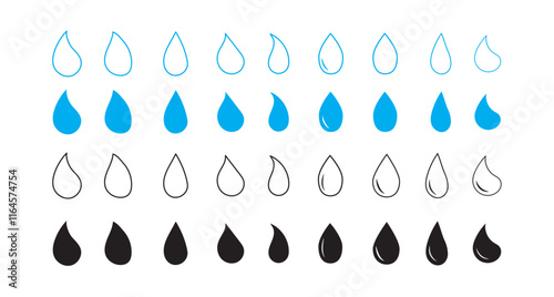 Water drop line icon set. Liquid droplet vector sign in black and blue color.