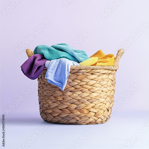 Colorful clothes in a wicker laundry basket.