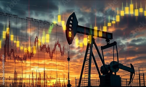 Oil Pump Jack Silhouette at Sunset Exploring Energy, Finance, and Market Trends Through Graphs in Oil Industry