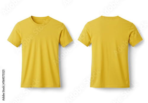 Yellow t shirt front and back view, isolated on white background. Ready for your mock up design template.