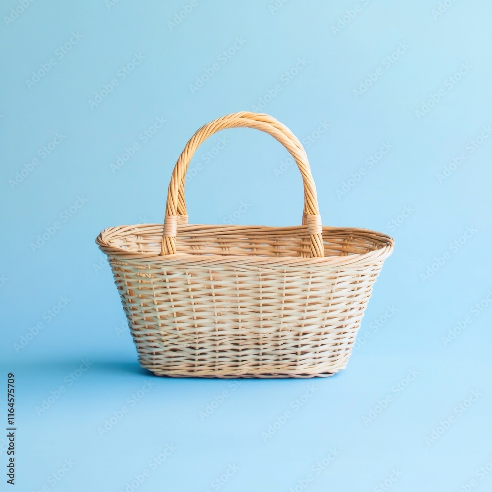 Obraz premium Empty wicker basket on blue background.