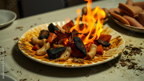 Burnt meal on the table unappetizing and inedible with no one present photo