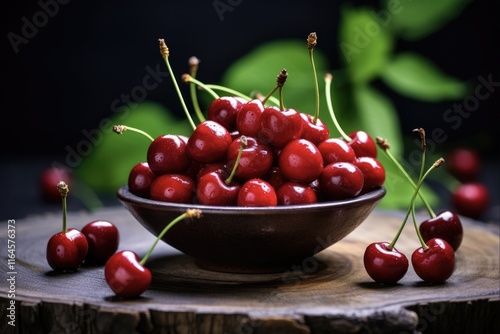 Sweet Cherries on Wooden Board. Fresh and Ripe Cherries on Concrete Table. Harvested from Beautiful Cherry Tree Branches with Bone Bowl in Background