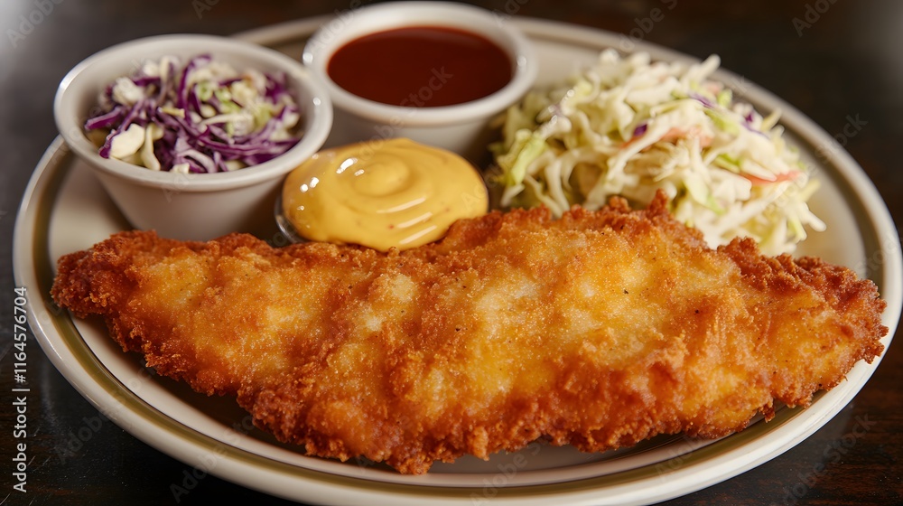 Crispy Fried Fish Dinner Served With Coleslaw and Sauces Crispy Fried Fish Dinner Served With Coleslaw and Sauces