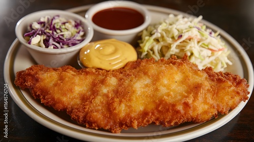 Crispy Fried Fish Dinner Served With Coleslaw and Sauces photo