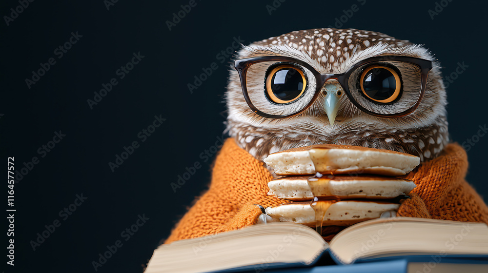 Fototapeta premium Wise owl wearing glasses and orange sweater reads book, exuding charm and intelligence