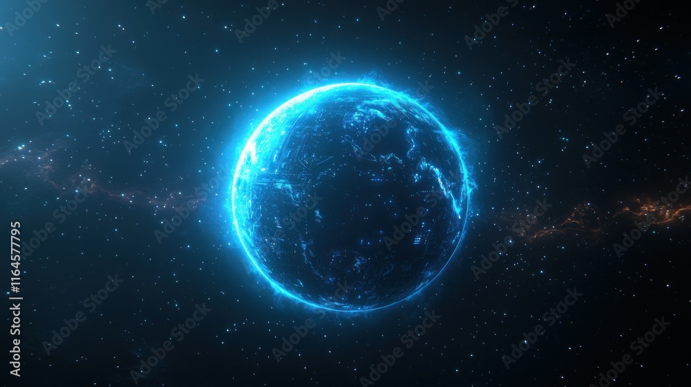 Obraz premium Glowing blue planet Earth in space.
