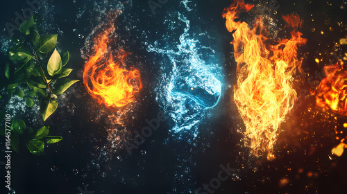 Four elements of nature water fire air earth dynamic composition with dramatic backlighting. Incandescence. Illustration