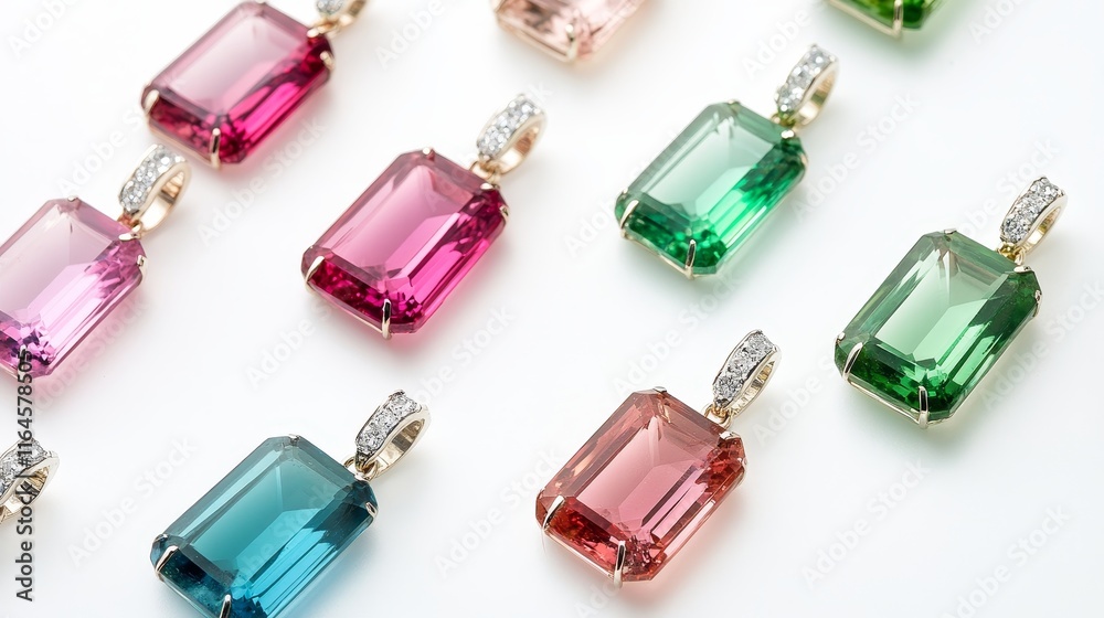 Precious multicolored gemstone pendants with gold and diamonds setting Precious multicolored gemstone pendants with gold and diamonds setting