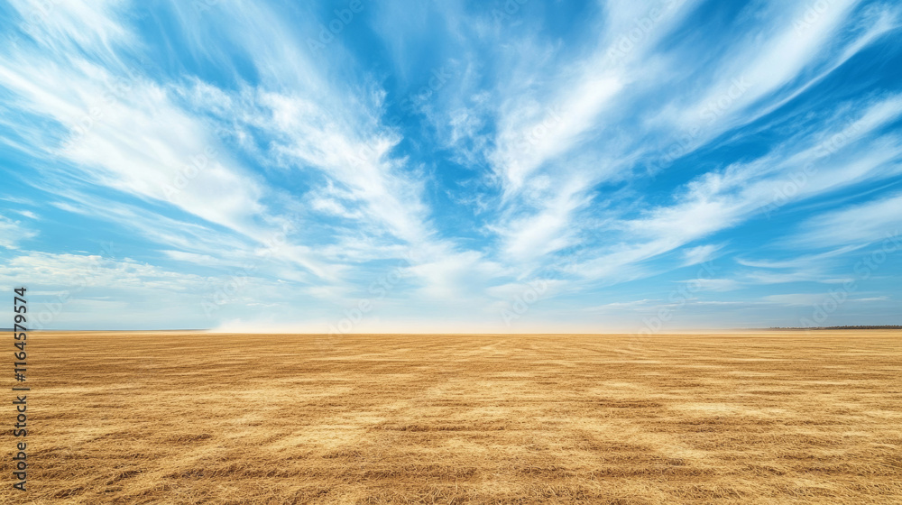 Wide angle minimalist photo of a field with visible crop lines and an automated sprayer at work, leaving a trail of mist behind, under a cloudy blue sky Wide angle minimalist photo of a field with visible crop lines and an automated sprayer at work, leaving a trail of mist behind, under a cloudy blue sky