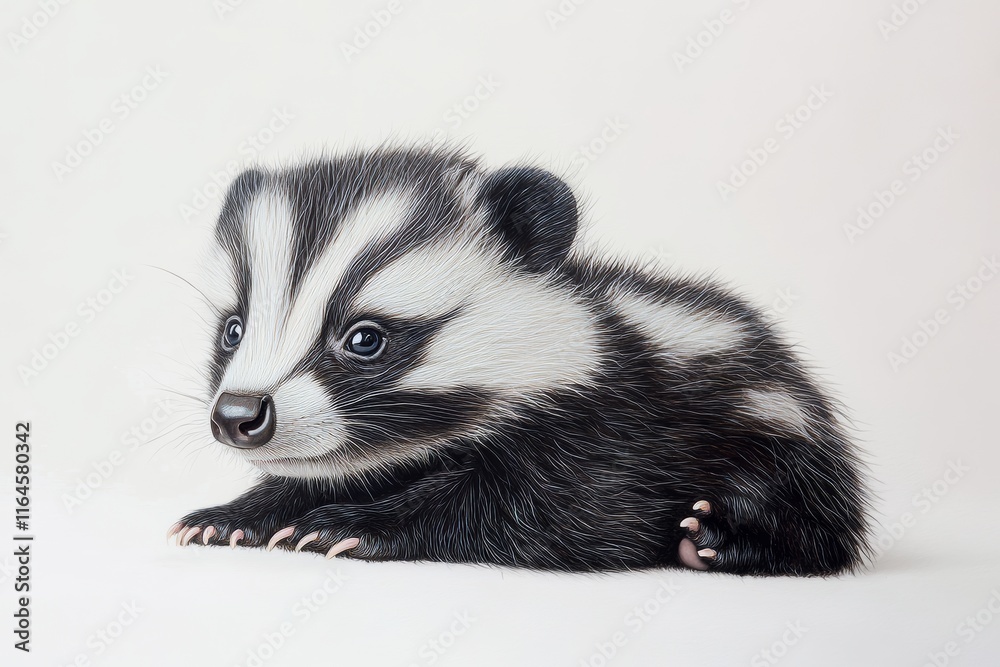 Fototapeta premium A baby badger is laying on its back with its head tilted to the side. The baby badger is looking at the camera with a curious expression