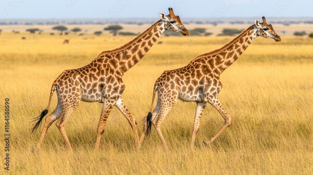 Giraffes Walking Through Tall Grass at Golden Hour Giraffes Walking Through Tall Grass at Golden Hour