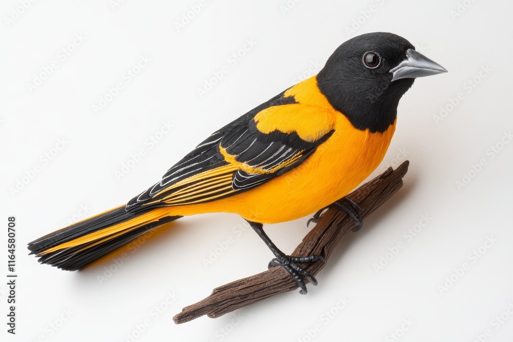 Fototapeta premium A bird with a black and orange beak is perched on a branch. The bird is small and has a bright orange color