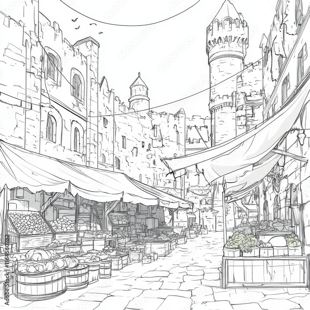 Obraz premium Sketch of a medieval marketplace with stone buildings, awnings, and various produce displayed for sale.