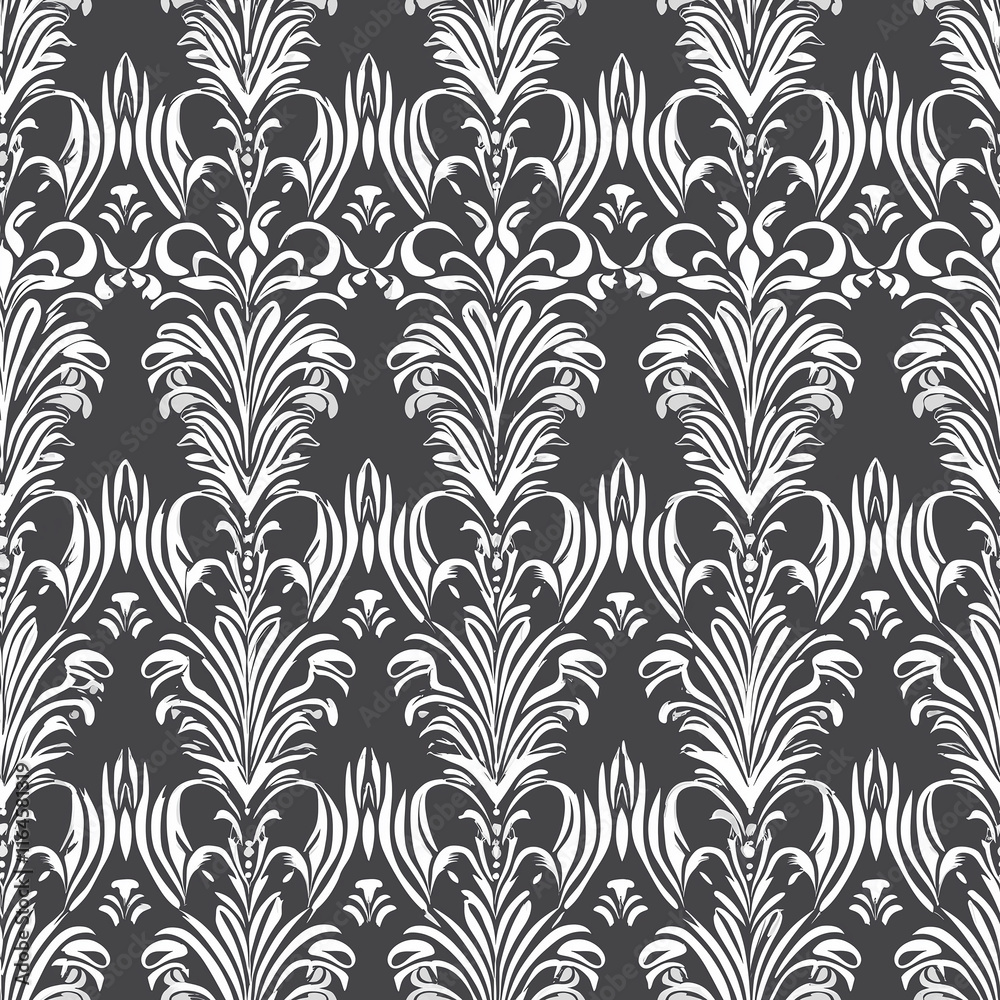 Elegant damask pattern featuring intricate floral motifs in white against a dark background, ideal for textiles or wallpaper designs. Elegant damask pattern featuring intricate floral motifs in white against a dark background, ideal for textiles or wallpaper designs.