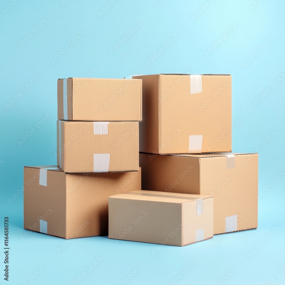 Stack of cardboard boxes on blue background. Stack of cardboard boxes on blue background.
