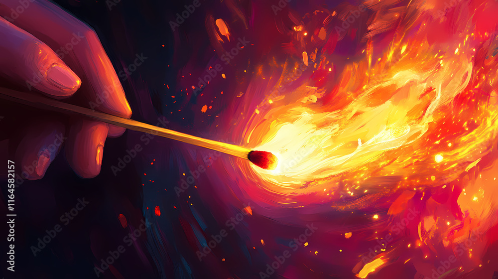 Captivating image of a matchstick igniting with a vivid flame highlighting concepts of heat, energy, and combustion science. Incandescence. Illustration Captivating image of a matchstick igniting with a vivid flame highlighting concepts of heat, energy, and combustion science. Incandescence. Illustration